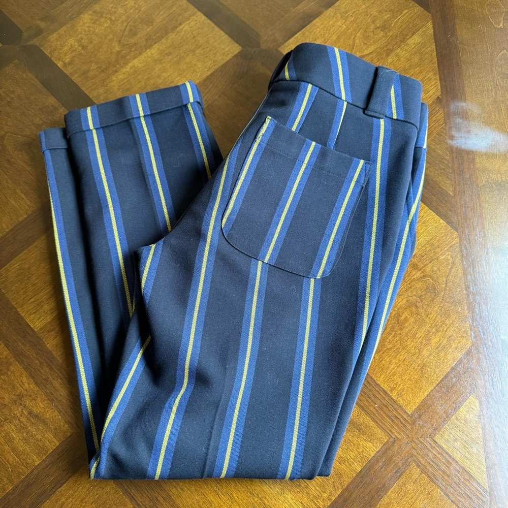 Loft Navy blue yellow pinstripe slacks EUC - Picture 2 of 5
